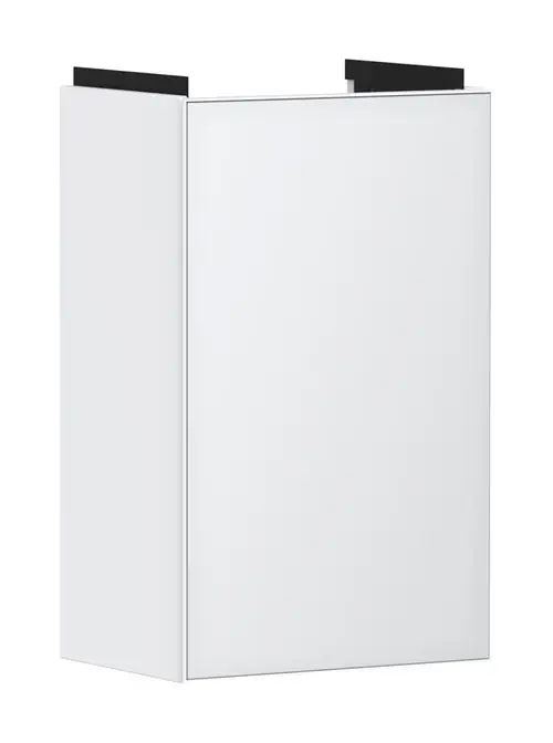 Weißer Waschtischunterschrank von Hansgrohe mit einer einzigen Tür, die links anschlägt, bereit für den Einsatz unter einem Handwaschbecken.
